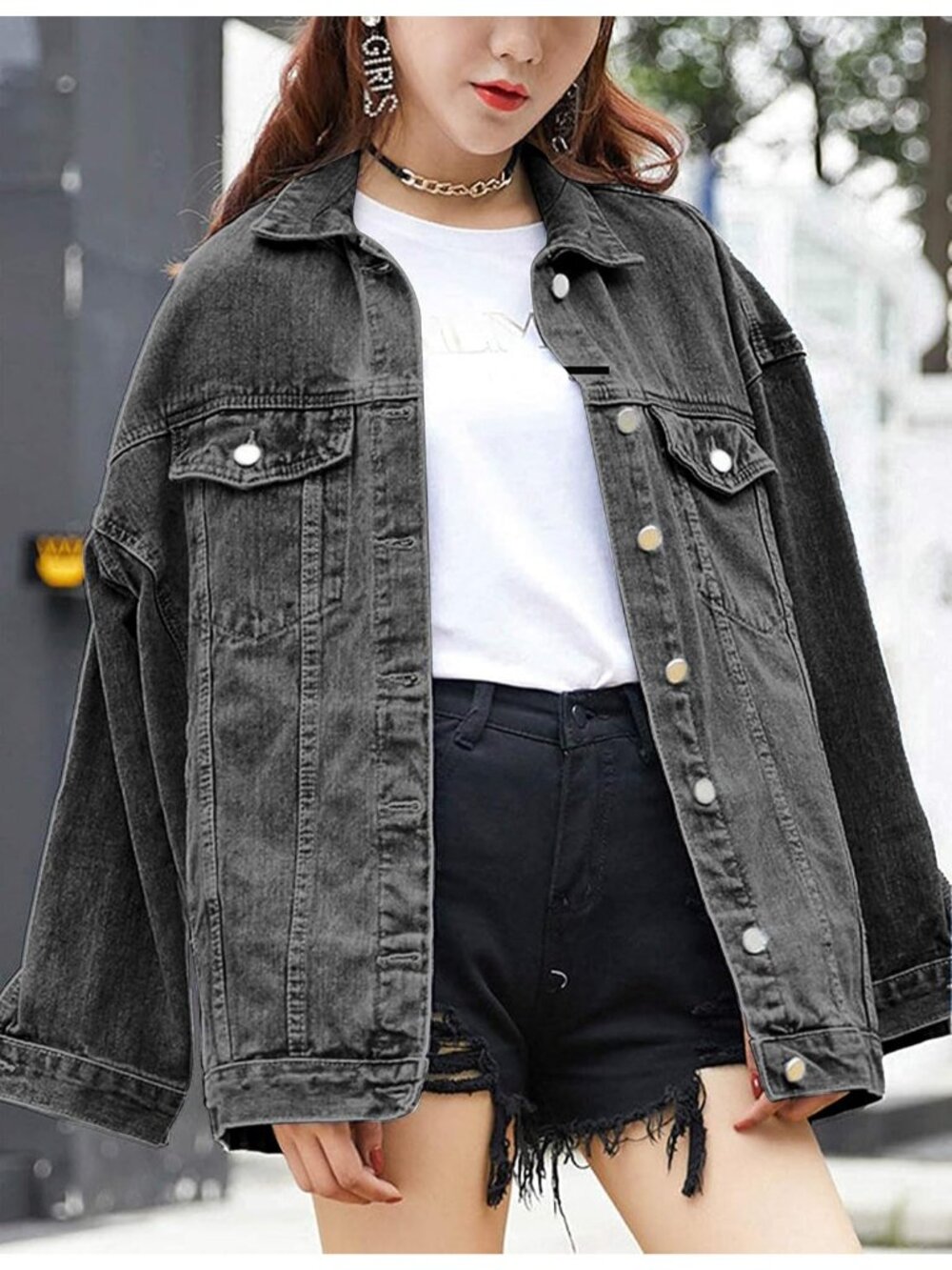 Women's Grey Oversized Denim Mid Long Casual Jacket Fall Trendy with Pockets - Picture 3 of 6